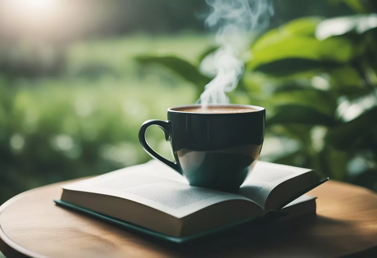 A steaming cup of Java Burn sits next to a calming mental health book, surrounded by peaceful greenery