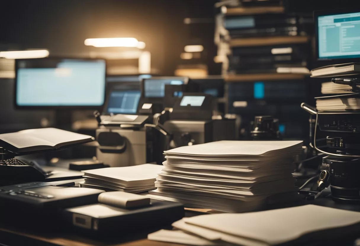 A stack of research papers and books on Java Burn, surrounded by scientific equipment and computers