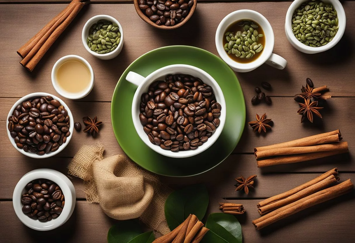 A table filled with coffee beans, green tea leaves, and cinnamon sticks. Research papers and scientific studies scattered around