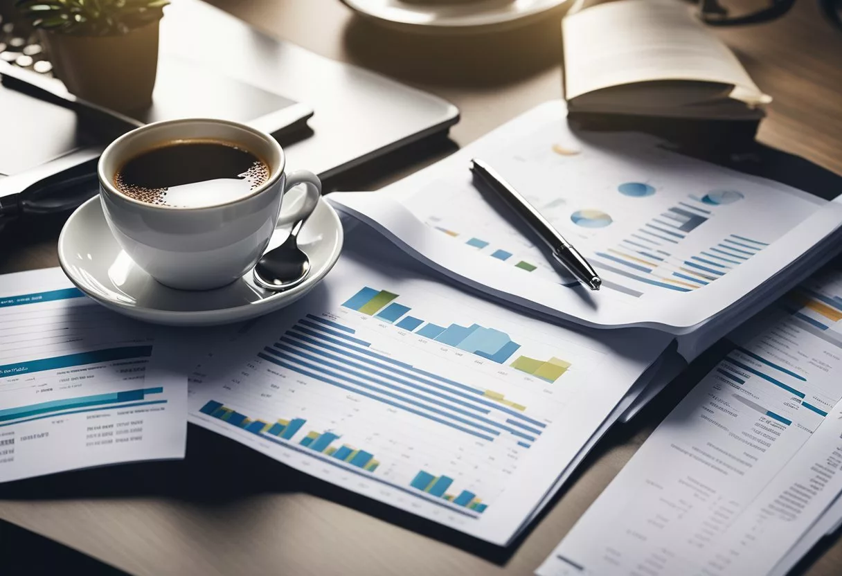 A table with research papers, a cup of coffee, and a laptop surrounded by graphs and charts