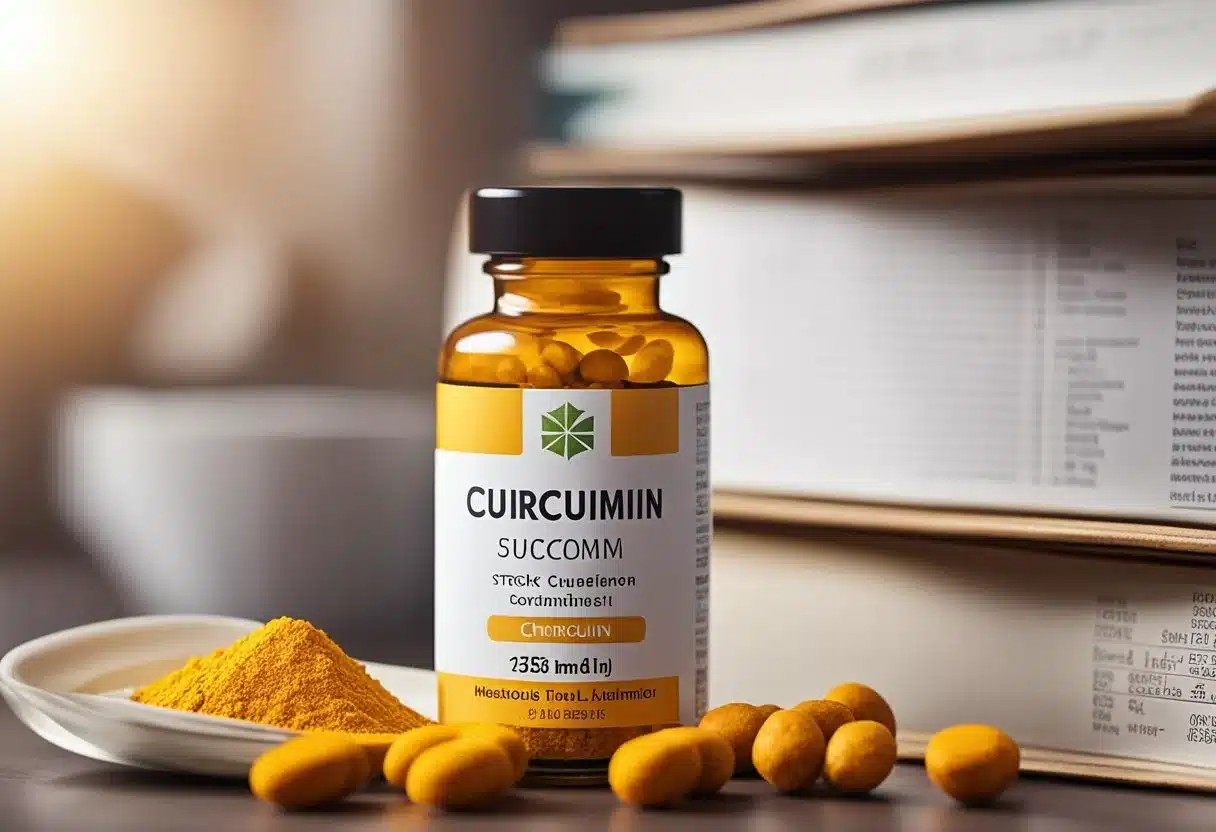 A bottle of curcumin supplement sits on a table, surrounded by medical literature on chronic inflammatory and vascular diseases