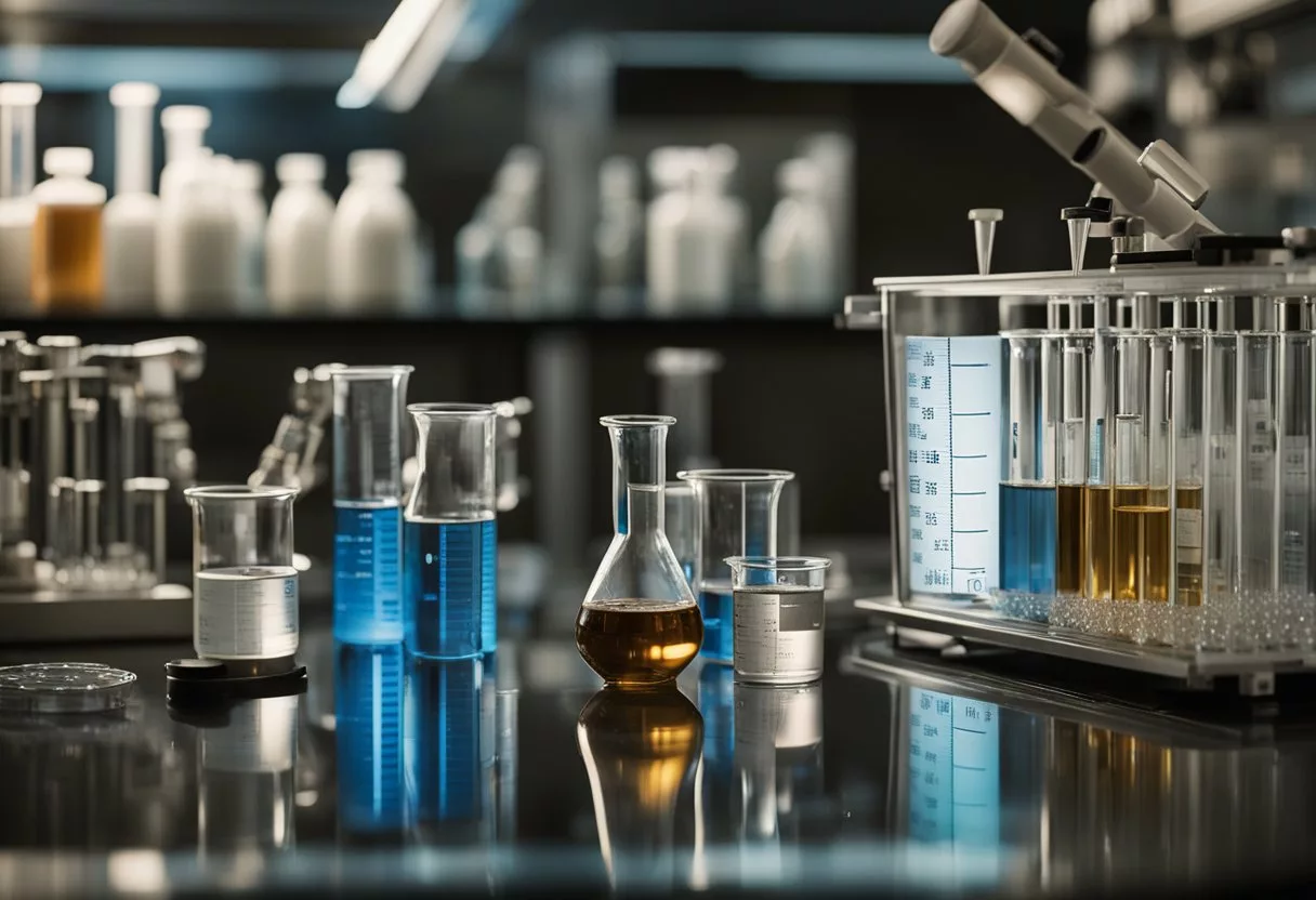 A lab setting with test tubes, beakers, and scientific equipment. A computer screen displays data on "Java Burn Myths and Misconceptions."