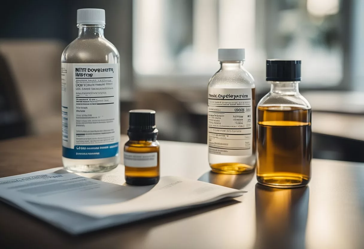 A bottle of nitroglycerin sits on a table, next to a medical pamphlet on proper use. The room is well-lit, with a calm and organized atmosphere