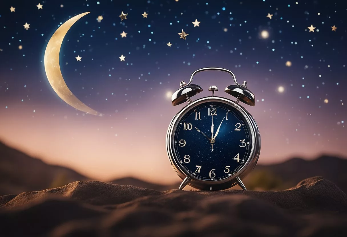 A serene night sky with a crescent moon and stars, a peaceful landscape, and a clock showing bedtime