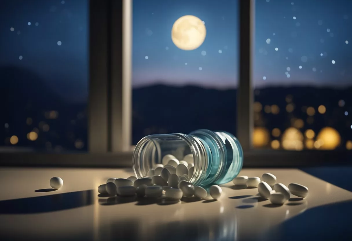 A bottle of spilled melatonin pills, scattered across a bedside table. An open window reveals a moonlit night outside