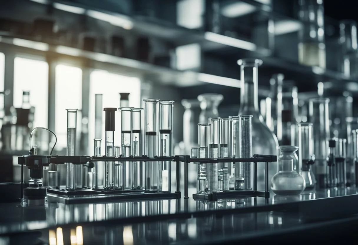 A laboratory setting with test tubes, beakers, and scientific equipment. A researcher studying melatonin levels and effects