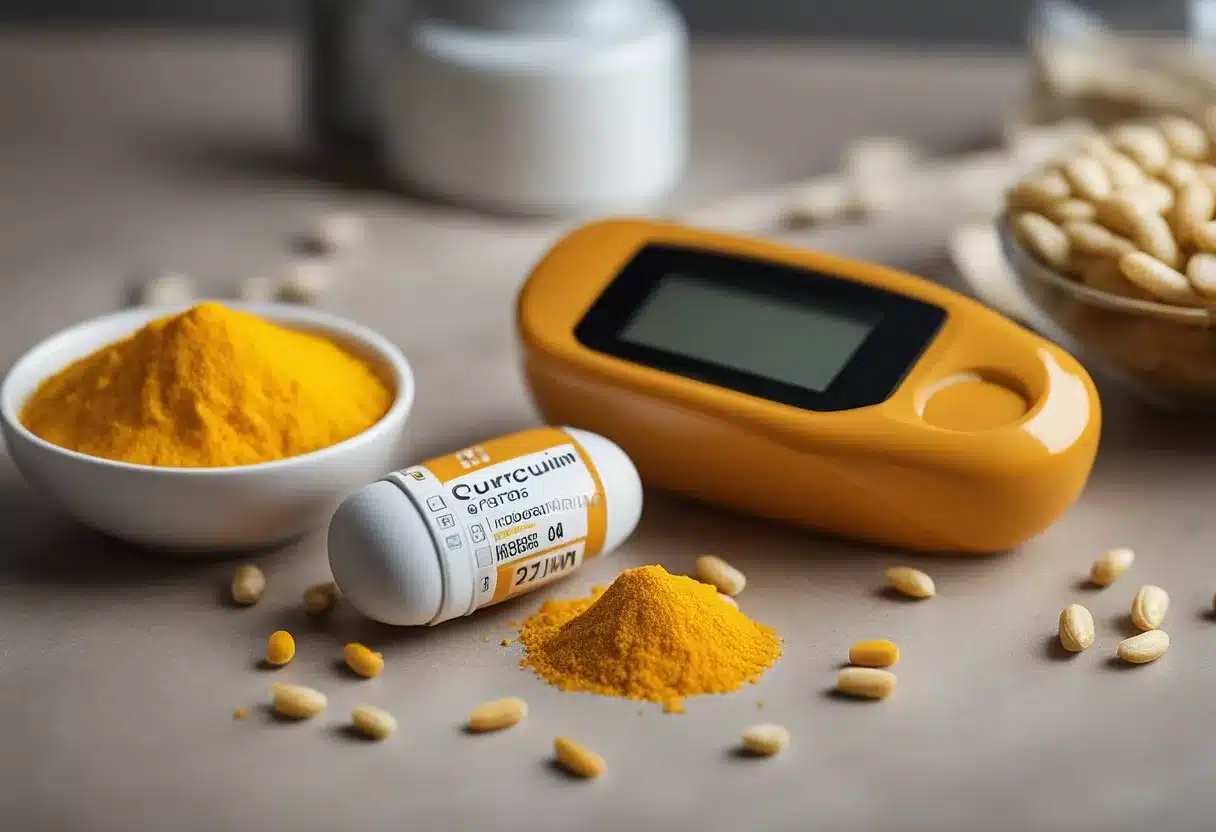 A bottle of curcumin supplement next to a glucose monitor and healthy food items