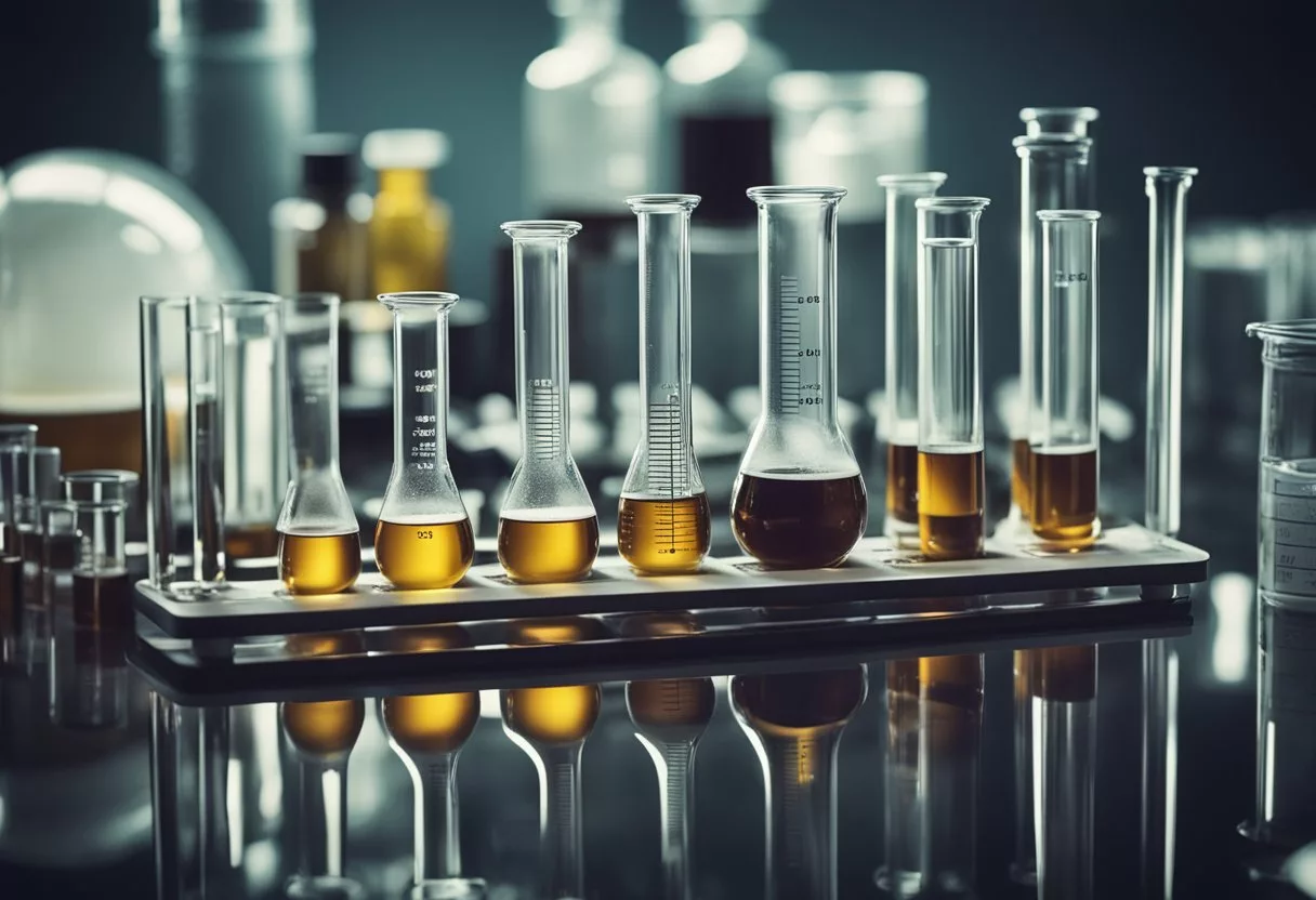 A laboratory setup with beakers and test tubes, showing the chemical reaction of nitric oxide in medical treatments