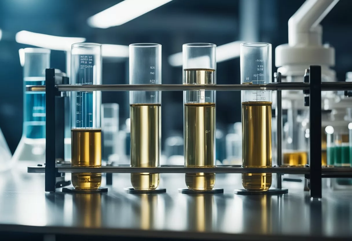 A laboratory setting with test tubes and scientific equipment, showcasing the process of nitric oxide production and its impact on physiological functions