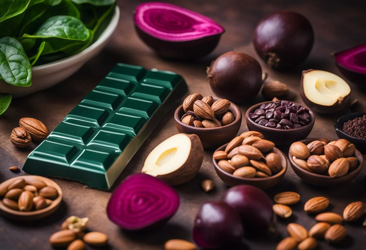 A dark chocolate bar surrounded by 10 healthy foods like spinach, beets, and nuts, all known to boost nitric oxide levels