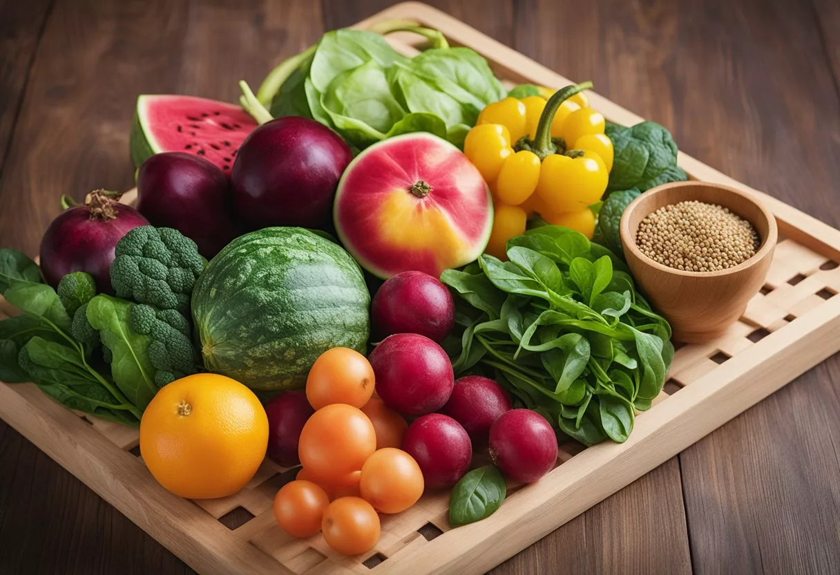 A colorful array of fruits and vegetables, including spinach, beets, and watermelon, arranged on a table with a sign reading "10 Healthy Foods to Boost Nitric Oxide."