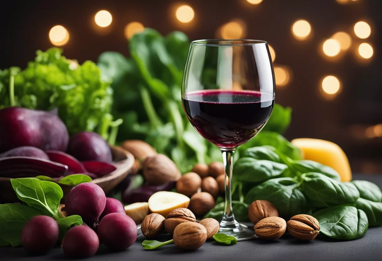 A glass of red wine surrounded by 10 healthy foods like spinach, beets, and nuts, all known to boost nitric oxide levels