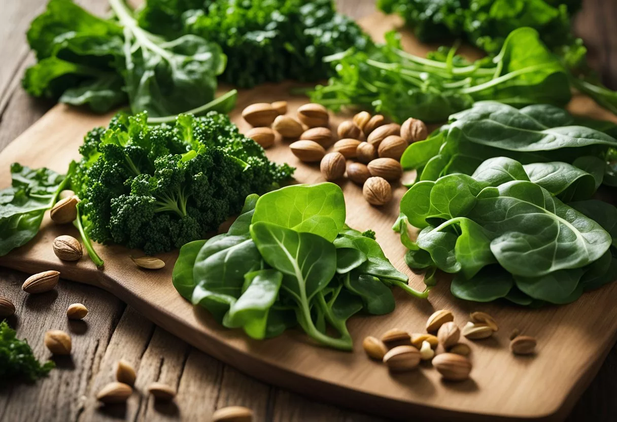 A vibrant assortment of leafy greens, including spinach, kale, and arugula, arranged on a wooden cutting board with a scattering of nuts and seeds