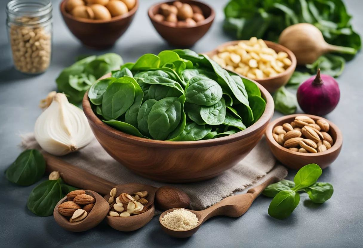 A bowl of fresh spinach surrounded by other healthy foods, such as beets, garlic, and nuts. The setting could be a vibrant farmers' market or a colorful kitchen