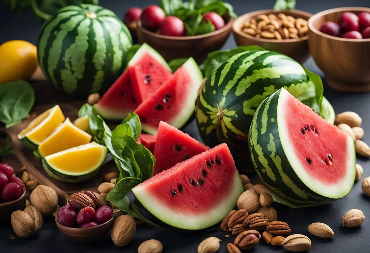 A watermelon sliced into pieces surrounded by other healthy foods like spinach, beets, and nuts, all arranged on a table to depict the concept of boosting nitric oxide