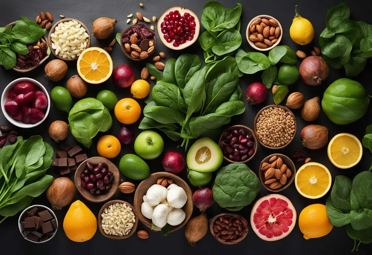 A table with 10 assorted healthy foods: spinach, beets, garlic, nuts, citrus fruits, pomegranate, watermelon, dark chocolate, and leafy greens