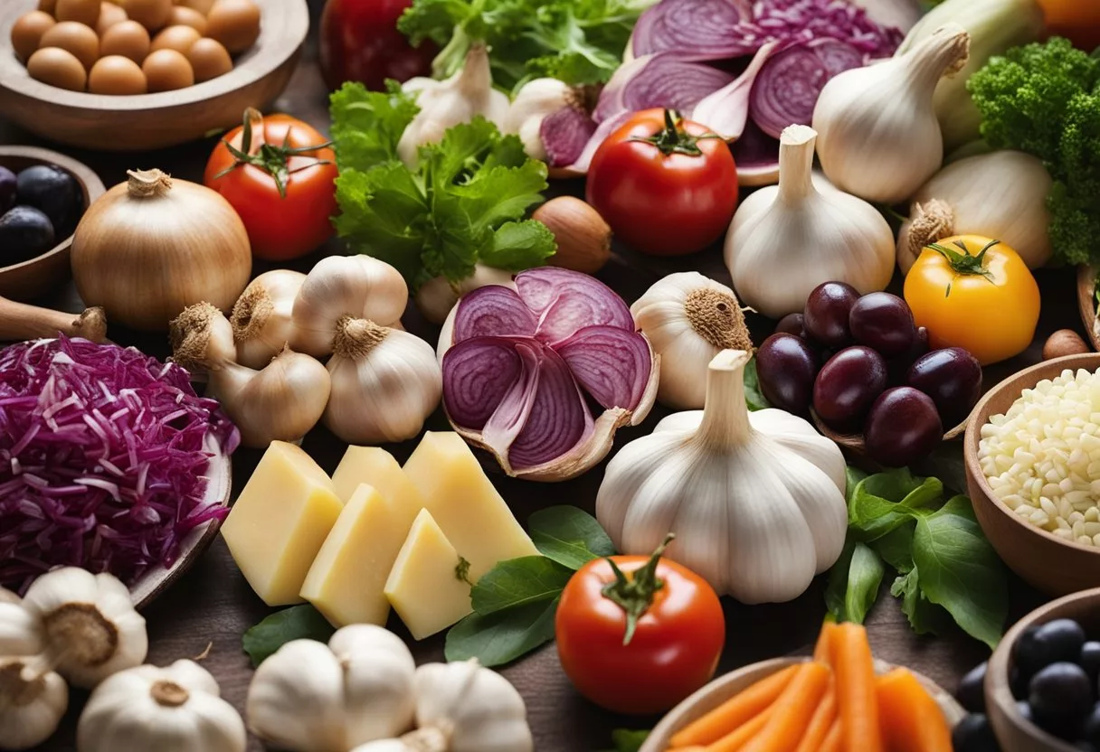 A table with a variety of healthy foods, including garlic, surrounded by images of blood vessels and a heart to symbolize the boost of nitric oxide