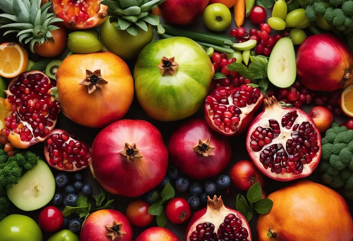 A vibrant pomegranate surrounded by colorful fruits and vegetables, with a banner reading "10 healthy foods to boost nitric oxide" in bold letters