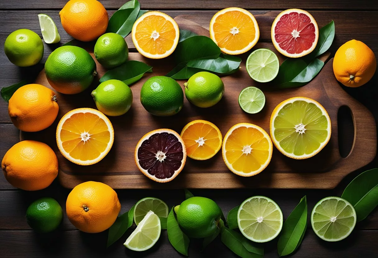 A colorful array of citrus fruits arranged on a wooden cutting board, including oranges, lemons, and limes, with vibrant green leaves scattered around them