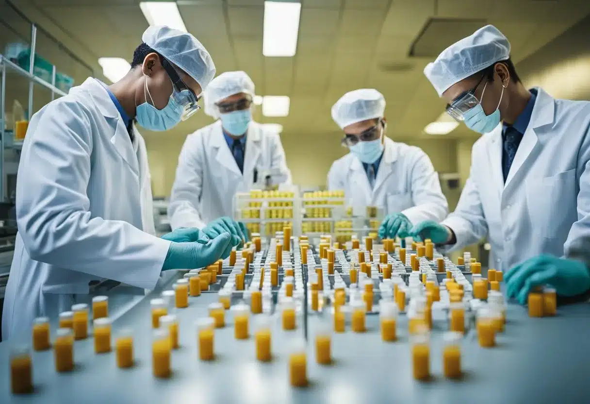 A group of scientists conducting clinical trials on curcumin supplement for diabetes, surrounded by lab equipment and data charts