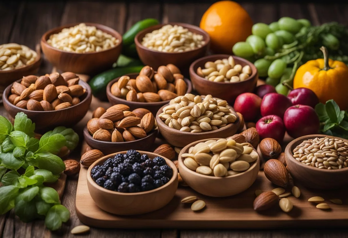 A variety of nuts and seeds arranged on a wooden cutting board with vibrant fruits and vegetables in the background