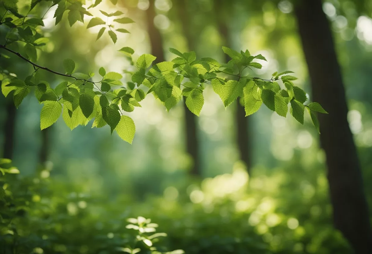 A serene garden with a ginkgo biloba tree surrounded by other natural remedies like chamomile, ginger, and lavender. The sun is shining, and birds are chirping, creating a peaceful and healing atmosphere