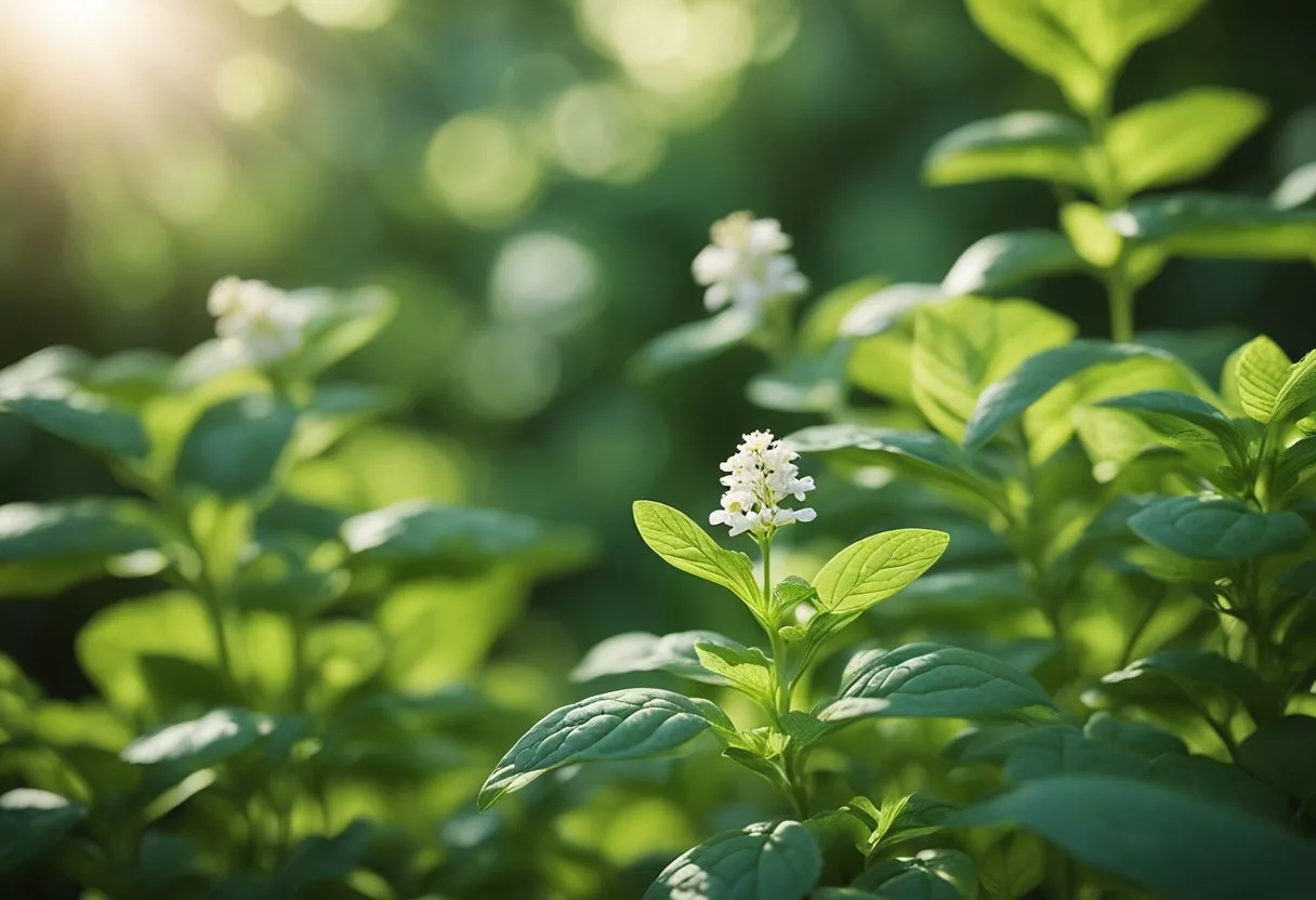 A serene garden with a blooming Holy Basil plant surrounded by other natural remedies, creating a peaceful and healing atmosphere for tinnitus relief