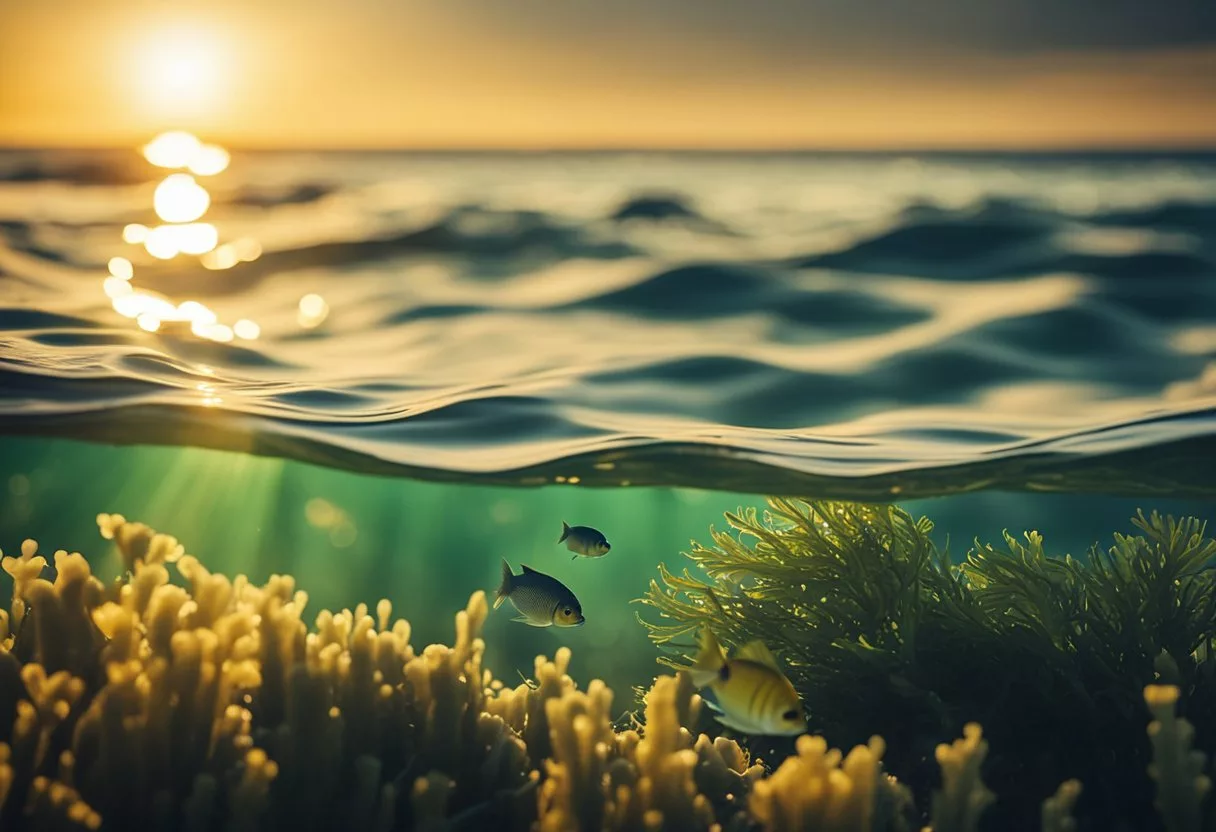 A serene ocean with fish swimming among seaweed, while a sun sets in the background, representing the natural remedy of omega-3 fatty acids for tinnitus relief