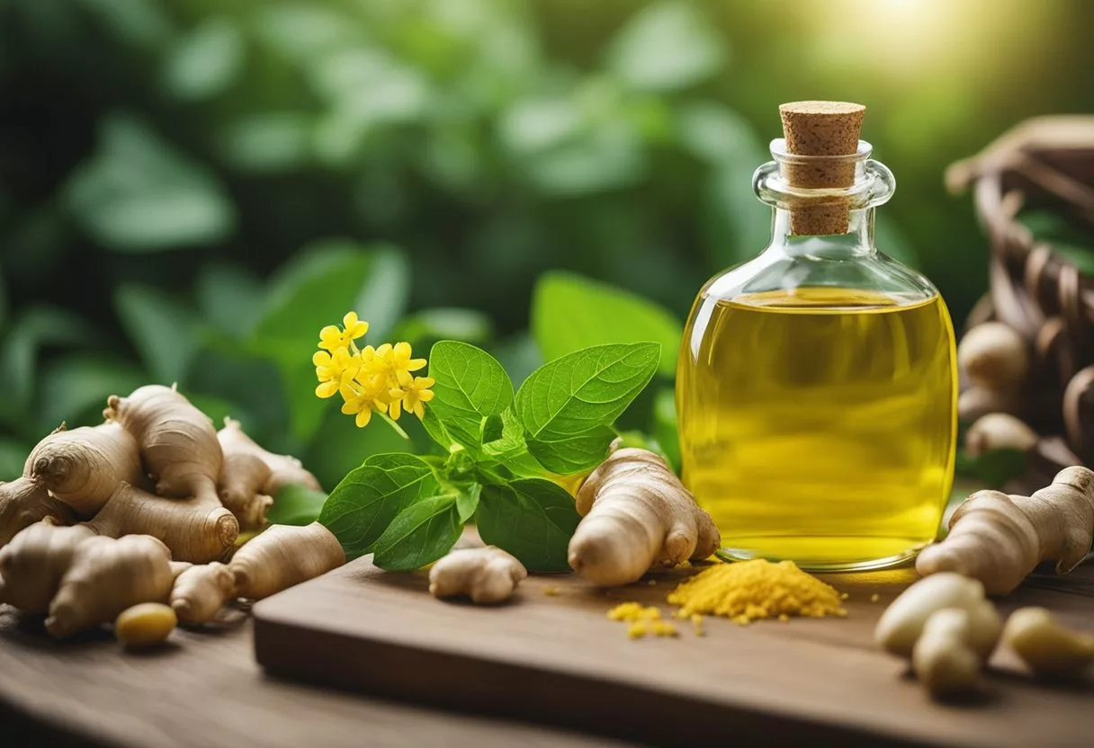 A bottle of mustard oil surrounded by natural remedies like ginger, garlic, and holy basil, with a serene backdrop of a peaceful garden