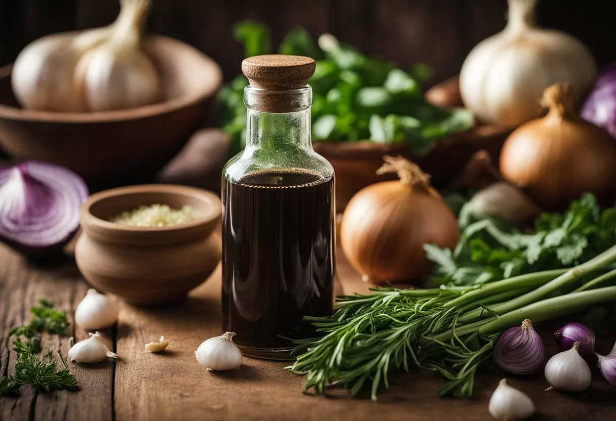 A glass bottle of onion juice surrounded by fresh onions, a mortar and pestle, and various herbs and spices on a wooden table