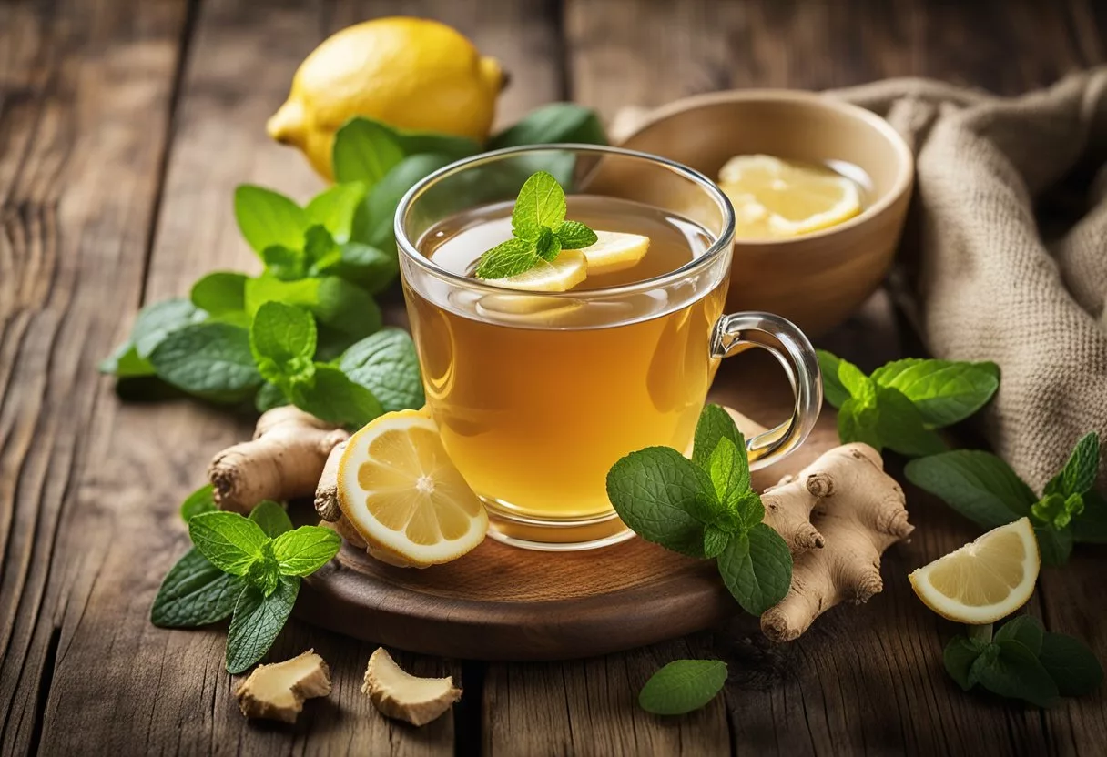 A steaming cup of ginger tea surrounded by fresh ginger root, lemon slices, and a sprig of mint on a rustic wooden table