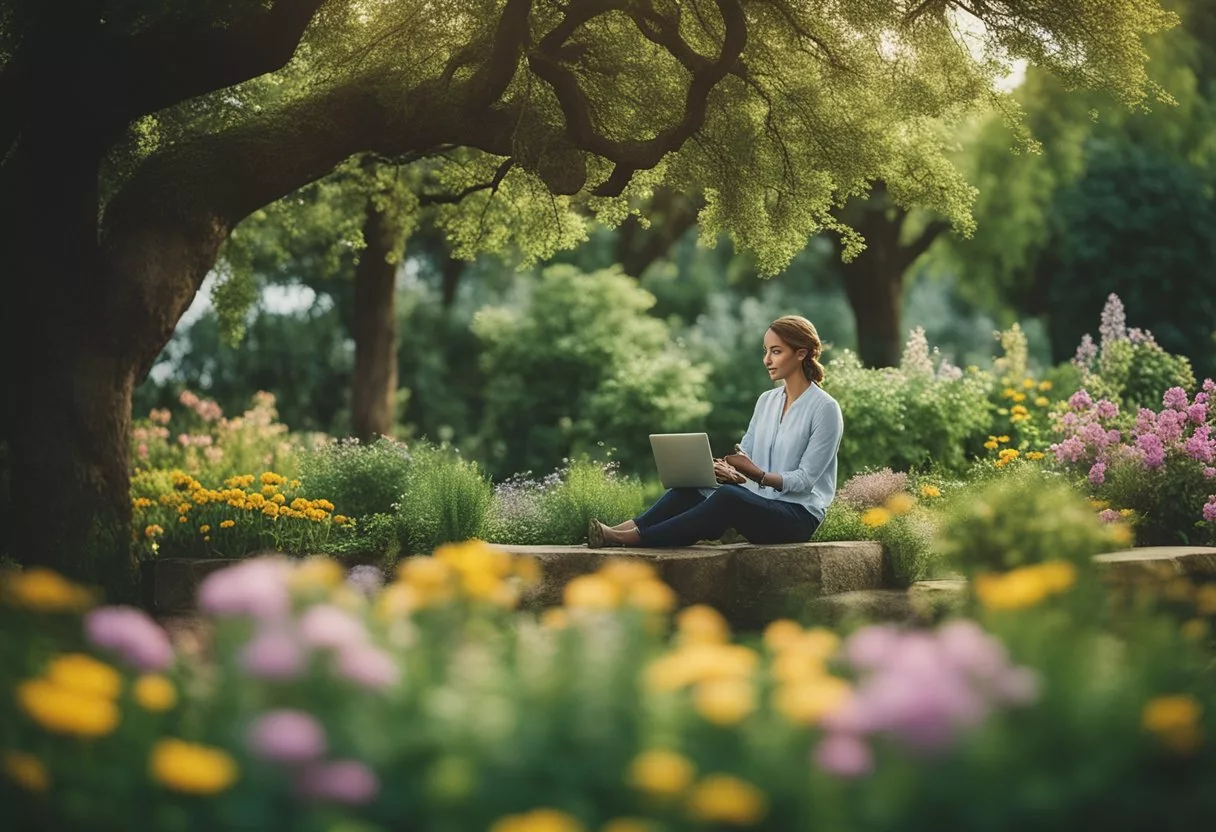 A serene garden with blooming flowers and chirping birds, a person sitting under a tree, surrounded by herbs and plants used for natural tinnitus relief