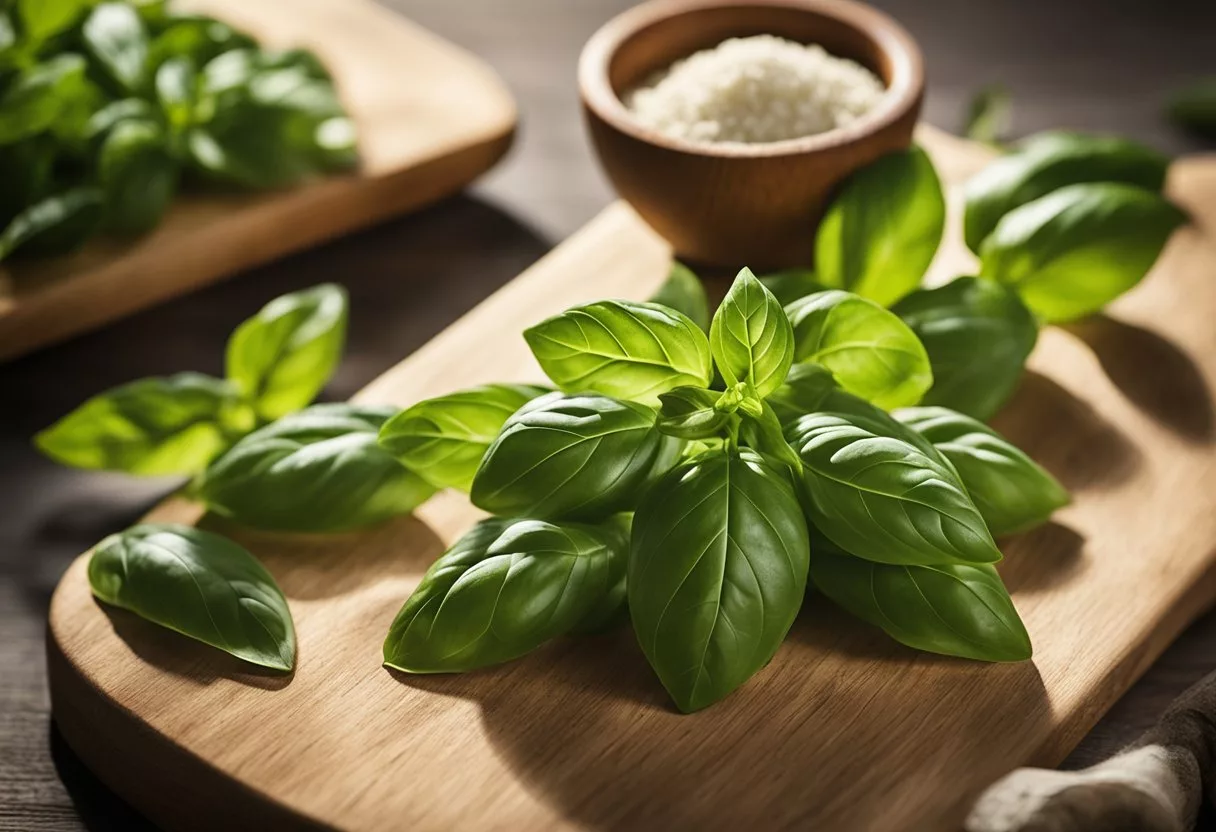 A pile of fresh basil leaves arranged on a wooden cutting board with a mortar and pestle nearby. Sunlight streams in, casting soft shadows on the leaves