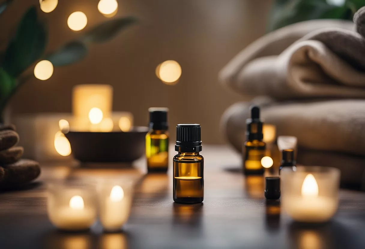 A serene setting with various essential oil bottles and diffusers, surrounded by soft lighting and calming elements. A person in the background appears at peace, experiencing relief from tinnitus