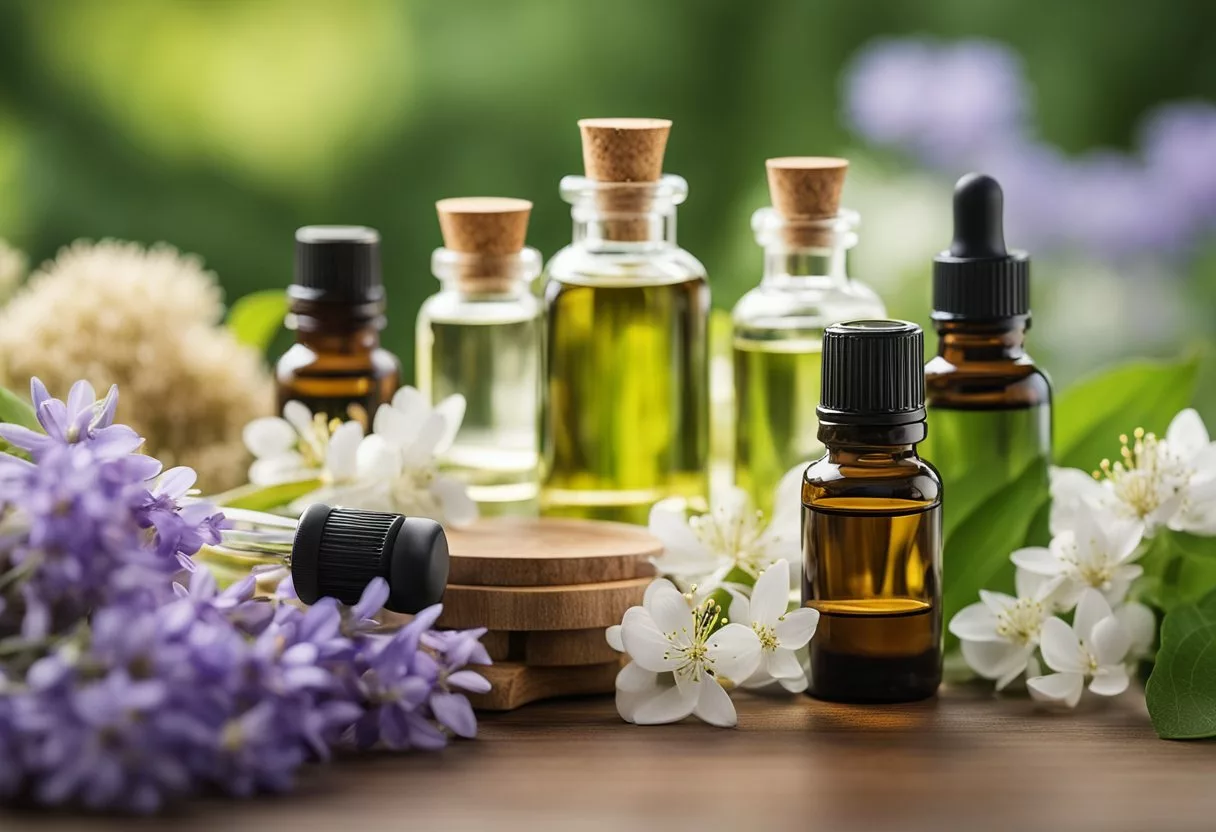 A serene setting with various essential oil bottles and diffusers, surrounded by calming nature elements like flowers and leaves. A sense of tranquility and relief from tinnitus is depicted