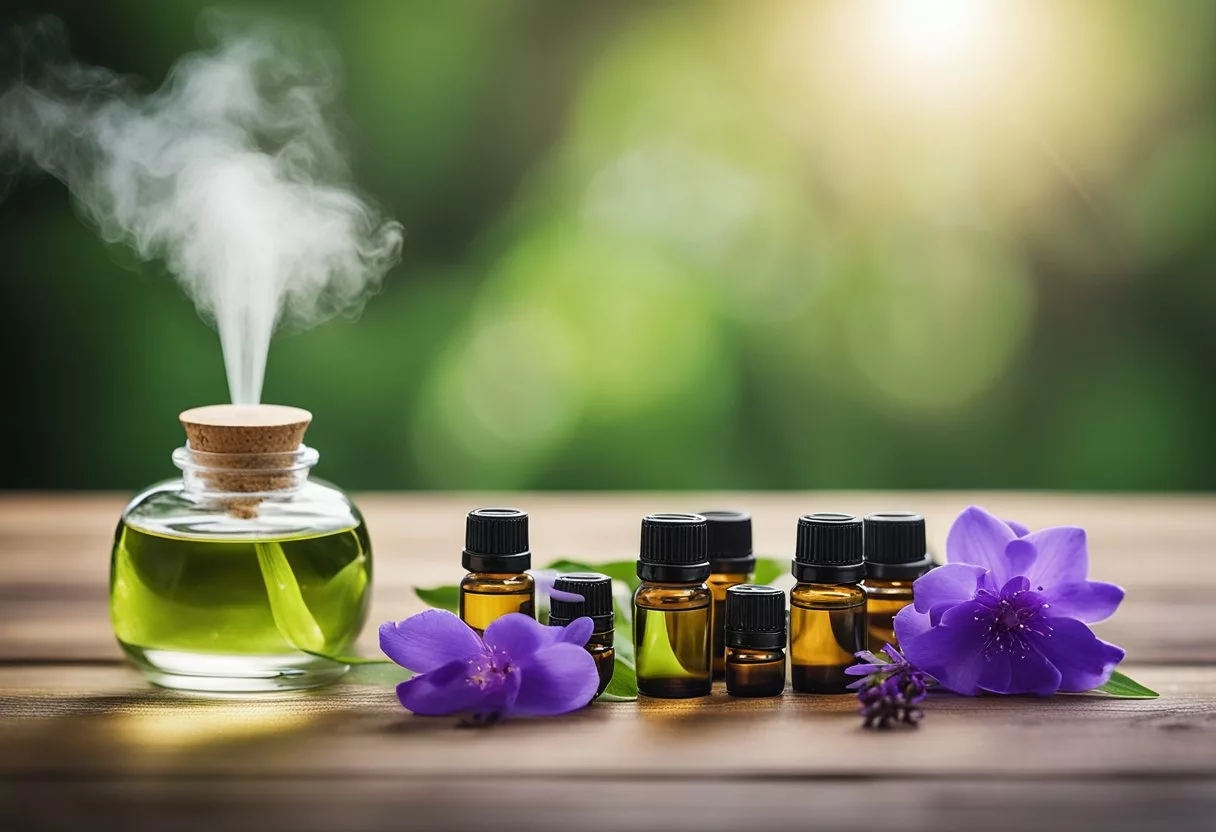 A tranquil setting with various essential oils displayed on a wooden table, accompanied by a diffuser emitting a soothing mist