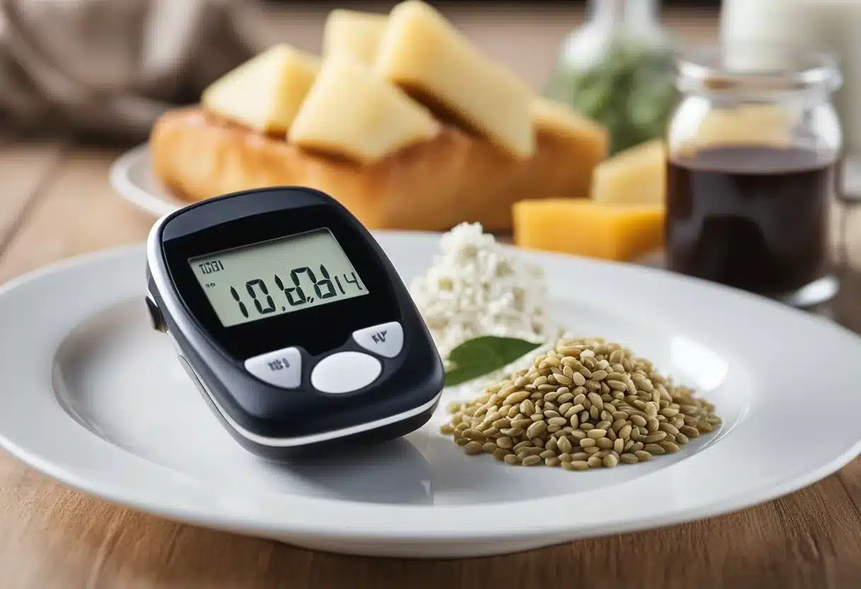 A bottle of milk thistle supplement sits next to a blood glucose monitor and a healthy meal, symbolizing its role in diabetes management