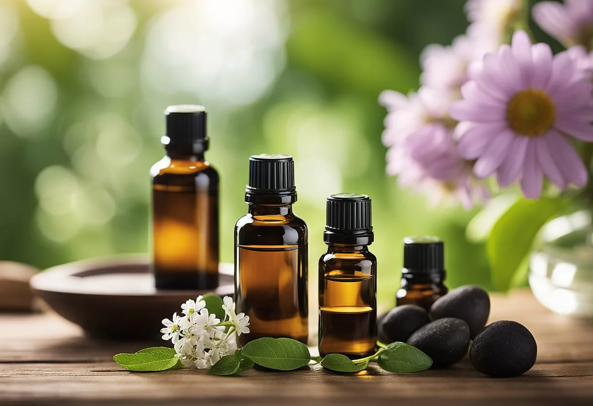 A serene scene with essential oil bottles, diffuser, and a peaceful setting to convey using essential oils for tinnitus relief