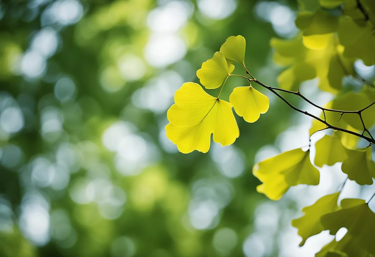 A serene forest scene with a prominent ginkgo biloba tree surrounded by other natural supplements like vitamin B12 and magnesium. The scene exudes a sense of calm and relief, capturing the essence of tinnitus relief