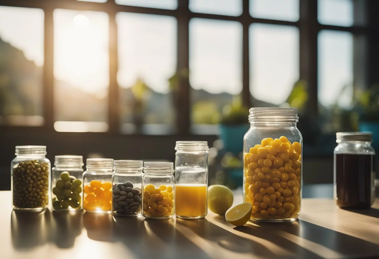 A peaceful, serene setting with a variety of colorful vitamins and supplements arranged neatly on a table or shelf. Sunshine streaming in through a window adds a warm and comforting glow to the scene