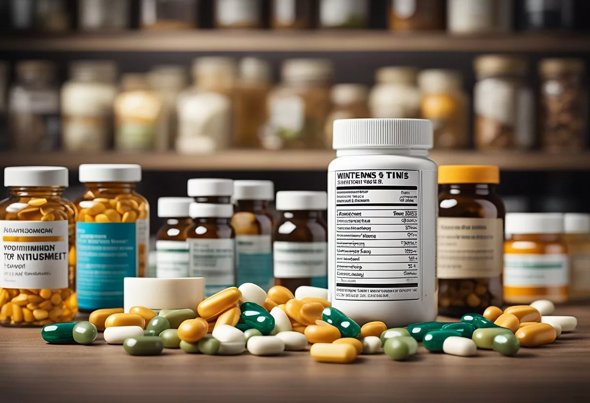 A table with bottles of vitamins and supplements, a list of FAQs, and a headline "Top 7 Vitamins and Supplements for Tinnitus Relief" displayed prominently