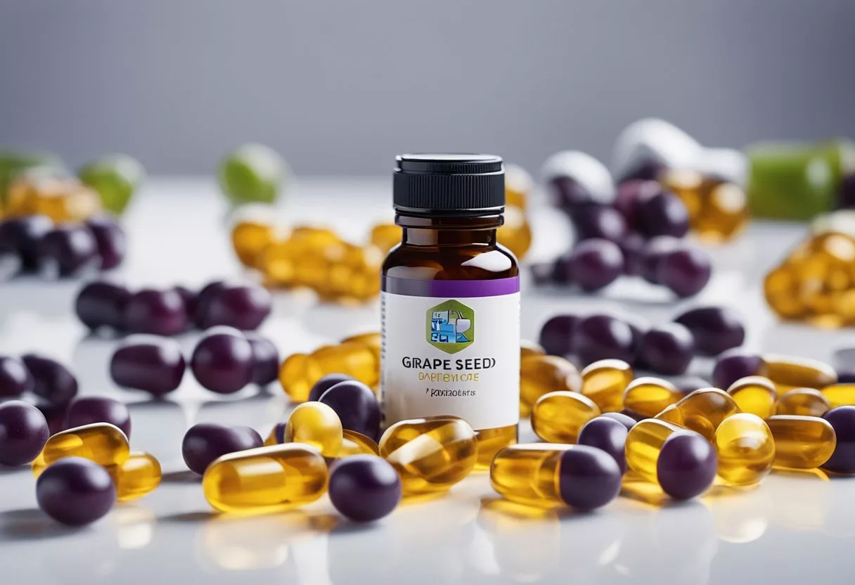 A bottle of grape seed extract surrounded by vitamin capsules and tinnitus relief supplements on a clean, white surface