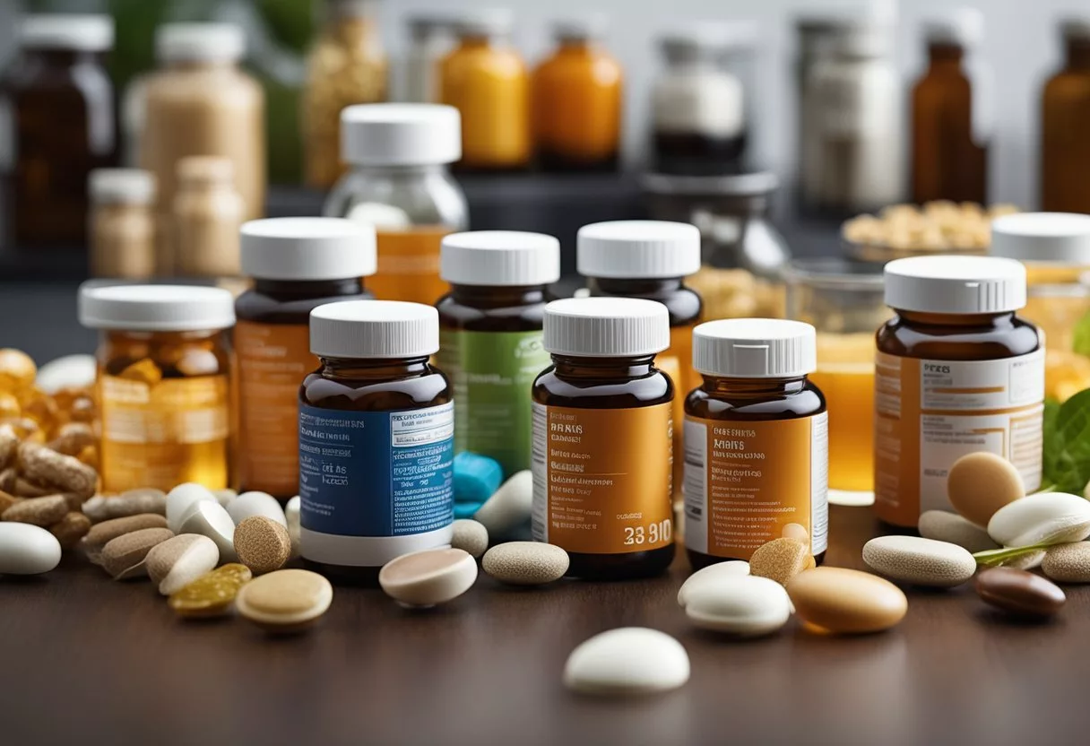 A table with various bottles of vitamins and supplements, including zinc, magnesium, and vitamin B12. A person with tinnitus looks relieved after taking them