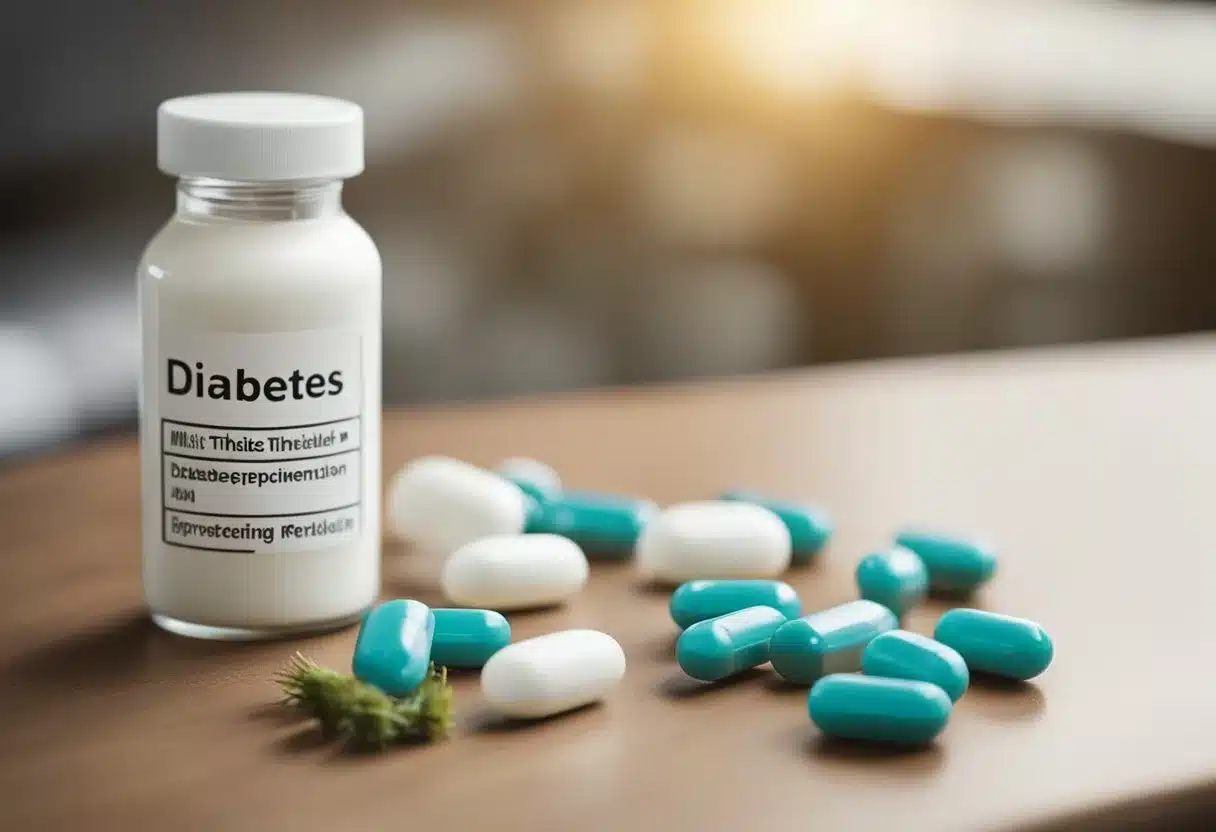 A bottle of milk thistle supplement sits next to a pill organizer labeled "diabetes." A hand reaches for the bottle, while a prescription for diabetes medication lies nearby