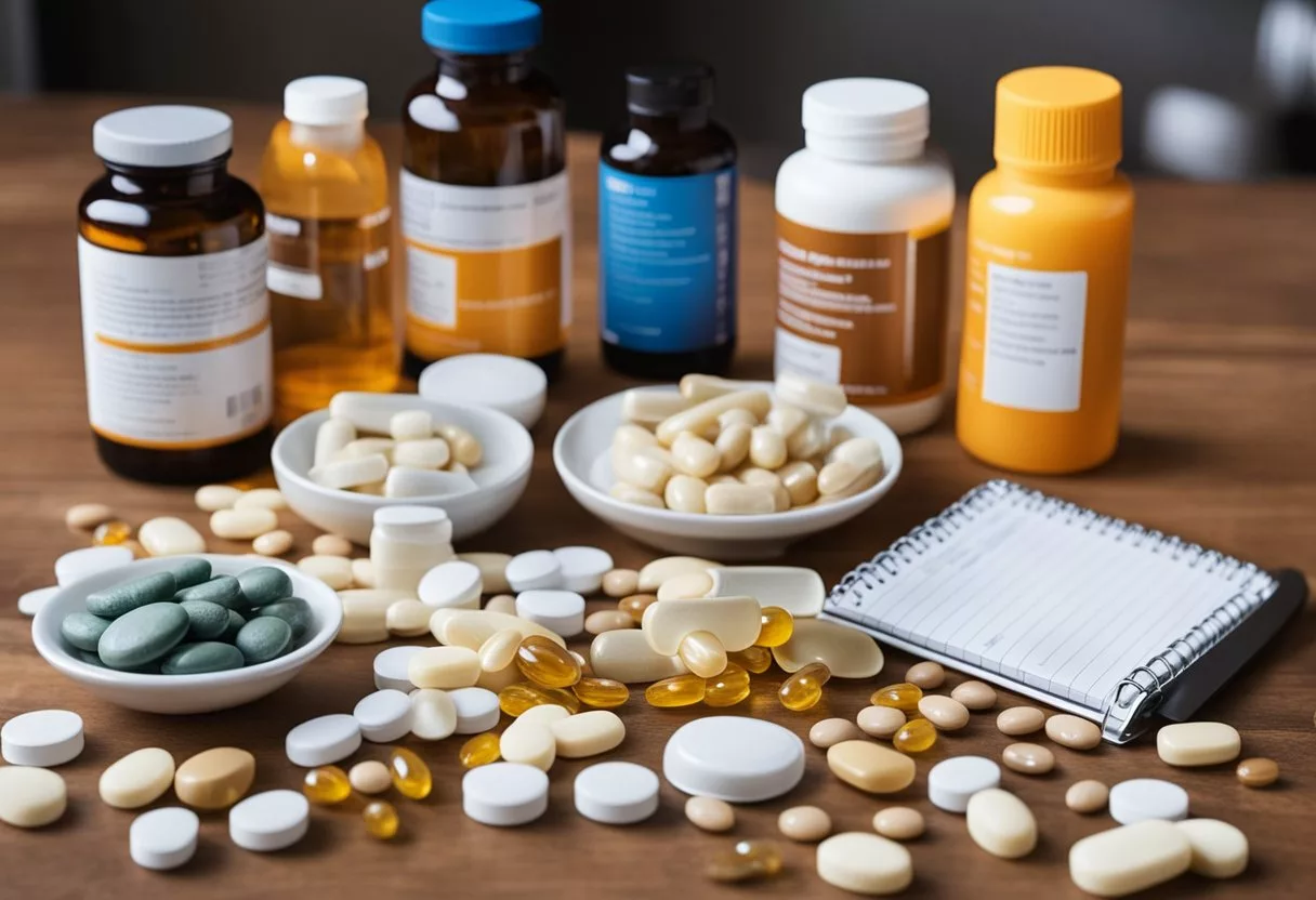 A table with various bottles of vitamins and supplements, alongside a notepad with a list of top 7 options for tinnitus relief