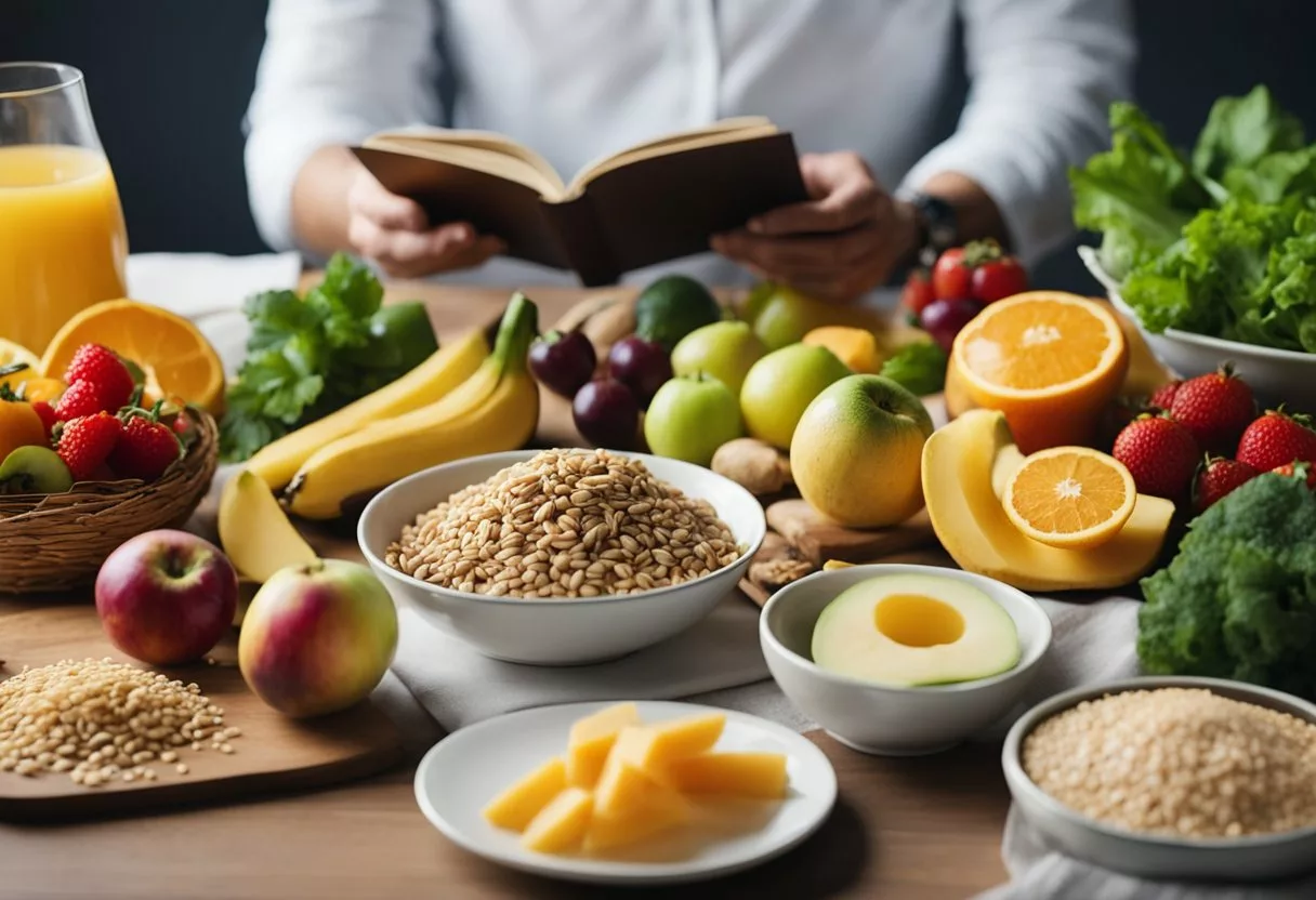 A table filled with colorful fruits, vegetables, and whole grains. A person preparing a meal with anti-inflammatory ingredients. A book open to a page about tinnitus and diet