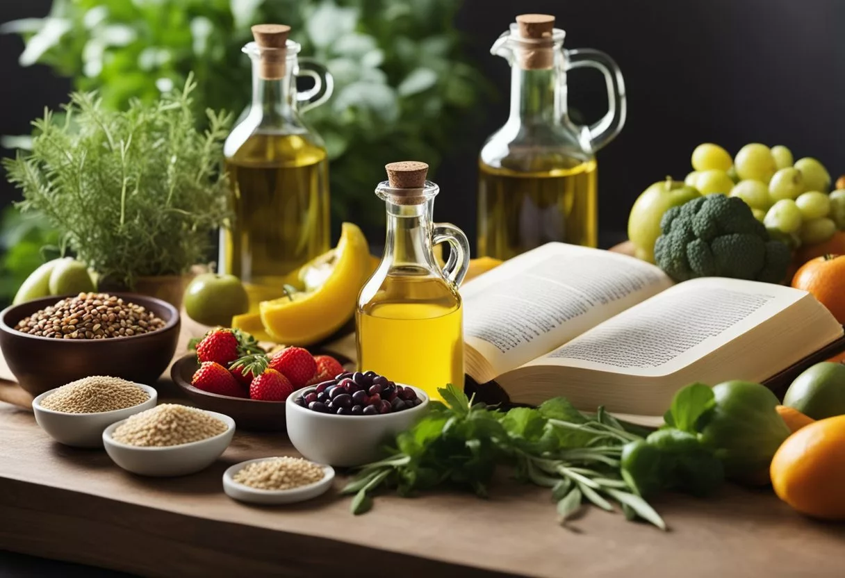 A table filled with colorful fruits, vegetables, and whole grains. A bottle of olive oil and a variety of herbs and spices. An open book on tinnitus and anti-inflammatory diet