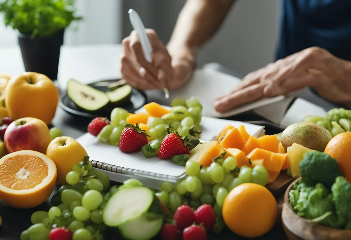 A table filled with colorful fruits, vegetables, and anti-inflammatory foods. A person writing a meal plan. A book open to a page about tinnitus management