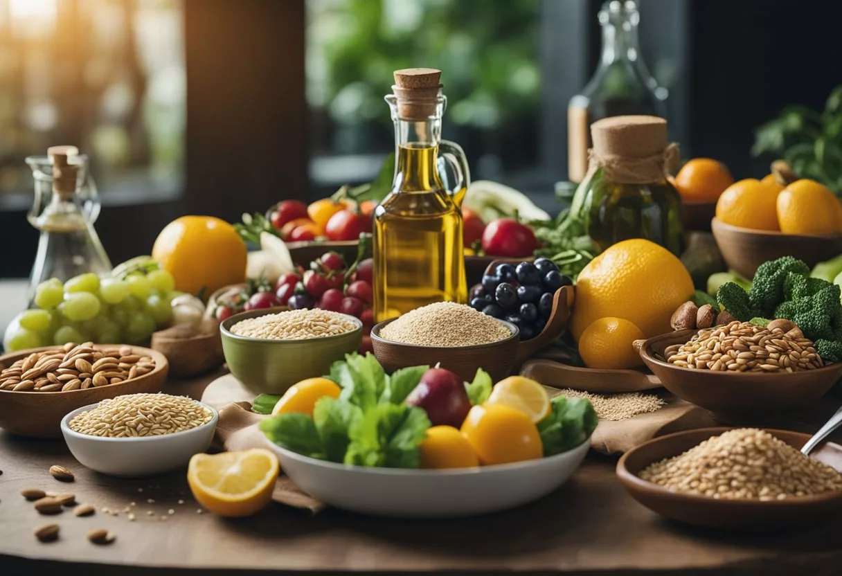 A table filled with colorful fruits, vegetables, and whole grains. A bottle of olive oil, nuts, and fish are also present. The scene exudes a sense of balance and health