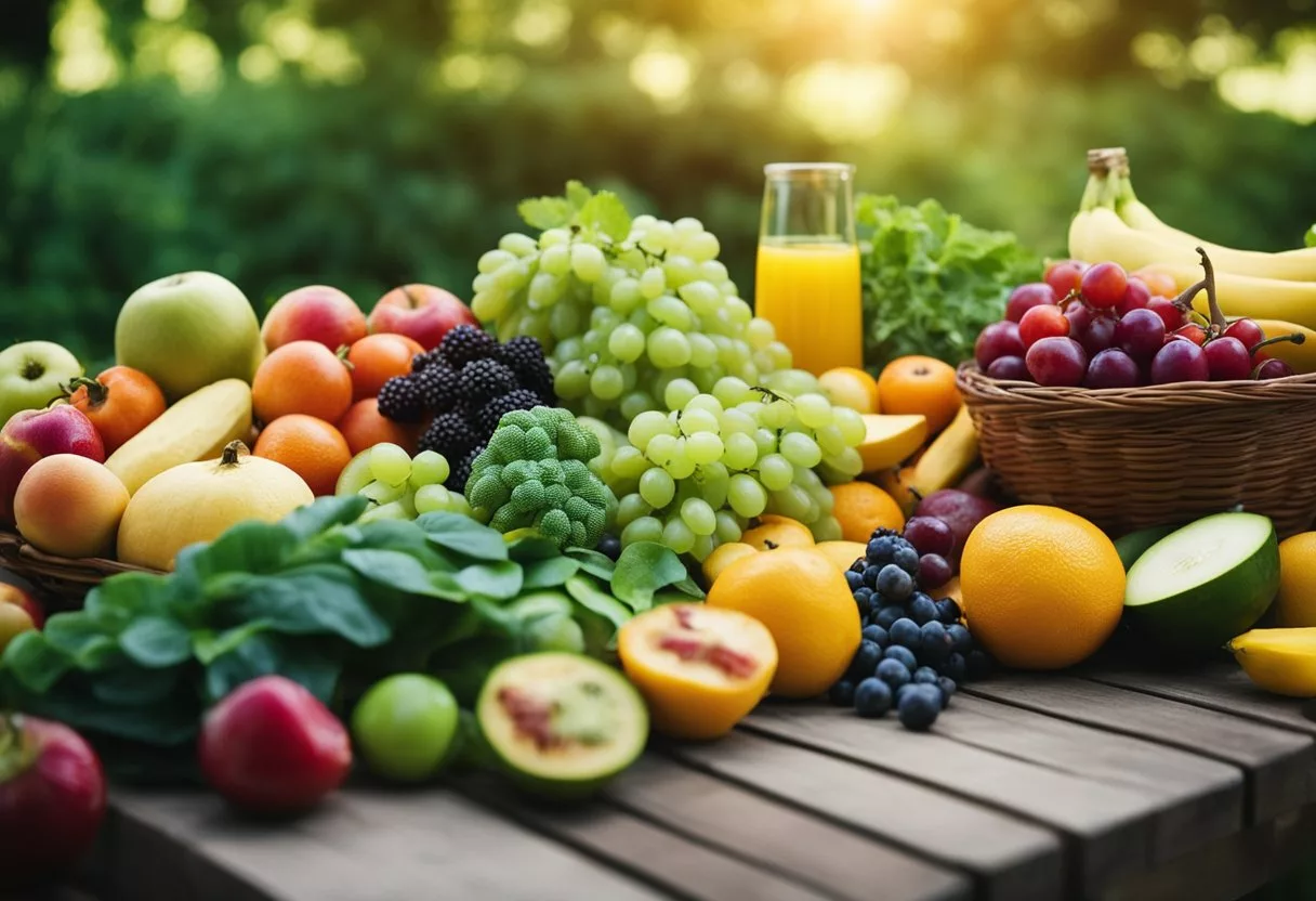 A table filled with colorful fruits, vegetables, and healthy fats. A background of peaceful nature scenes